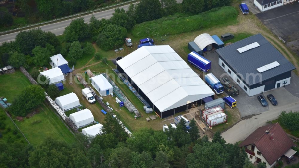 Hönningen from the bird's eye view: Location of the technical relief organization after the flood disaster in the Ahr valley this year Hoenningen in the state Rhineland-Palatinate, Germany