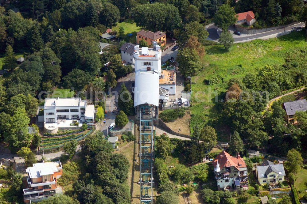 Dresden from above - The funicular in Dresden-Loschwitz in the state Saxony. The cable car connects the district Loschwitz with Weisser Hirsch and is driven by the Dresdner Verkehrsbetriebe AG (DVB)