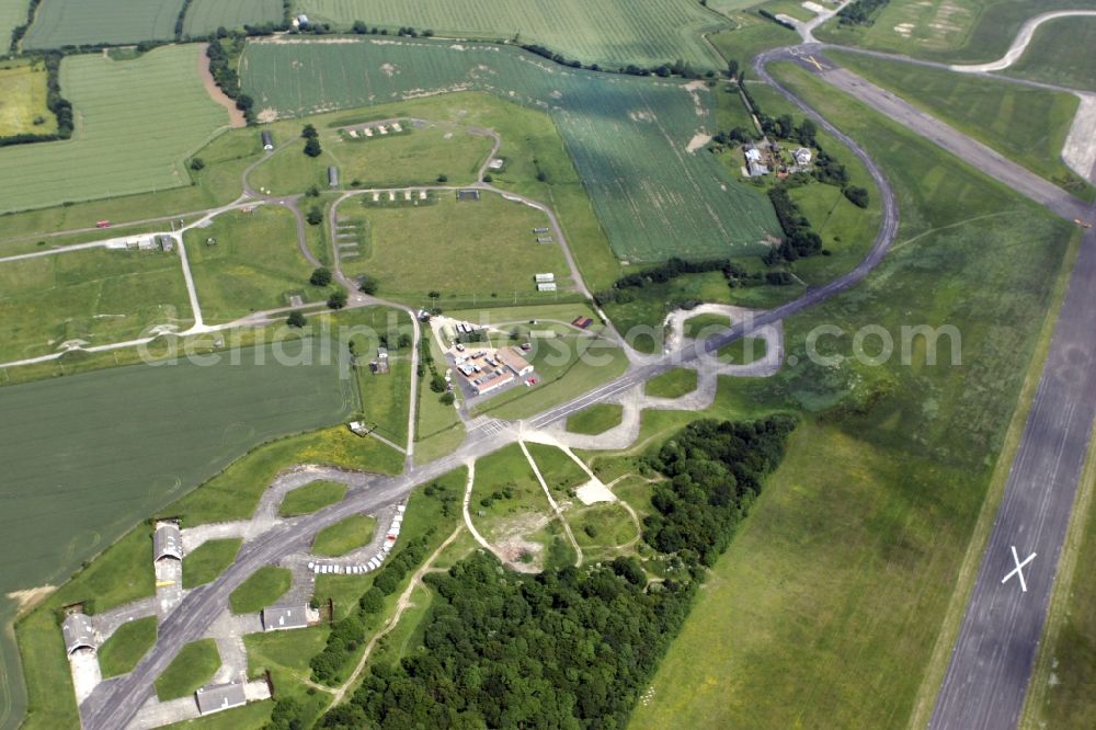 Wethersfield from above - Locked runway at the former airfield of RAF Royal Air Force in Wethersfield in England, United Kingdom