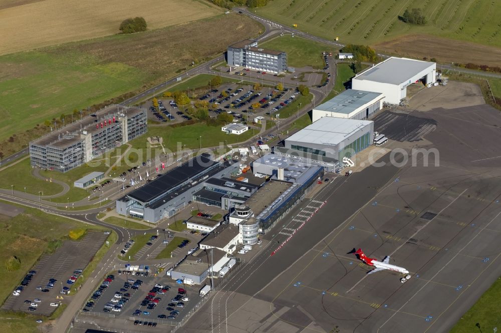 Saarbrücken from the bird's eye view: Runway with taxiways to the terminal on the site of the Saarland, Saarbrücken Airport