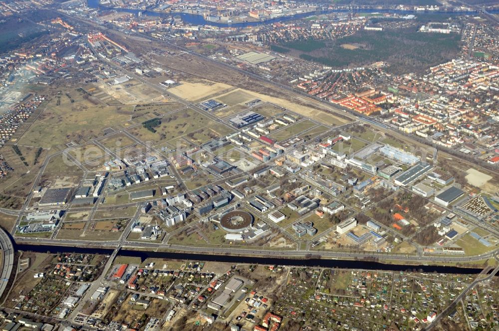 Berlin from above - View of the district Adlershof in Berlin. Adlershof is part of the borough Treptow-Köpenick. The Berlin Electron Storage Ring Society for Synchrotron Radiation is located in Adlershof, near the river Spree