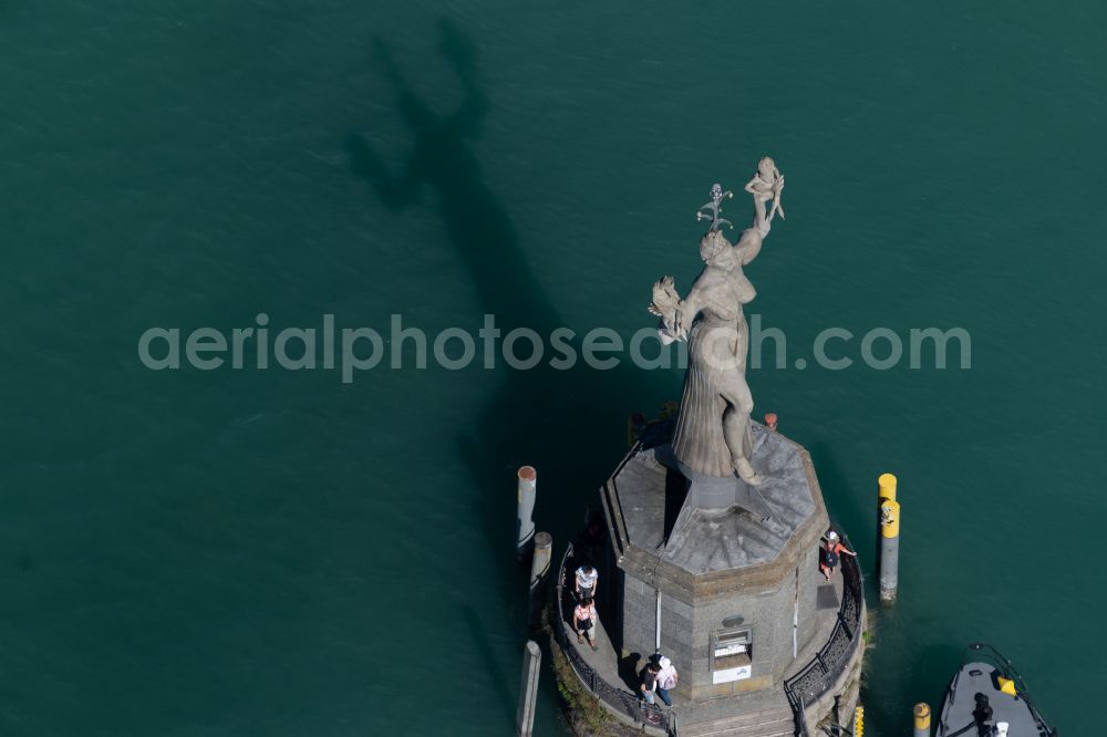 Aerial image Konstanz - Ship moorings at the docks of the inland port for passenger ships and ferries at the Imperia statue on the shore of Lake Constance in the district Altstadt in Konstanz in the state Baden-Wurttemberg, Germany