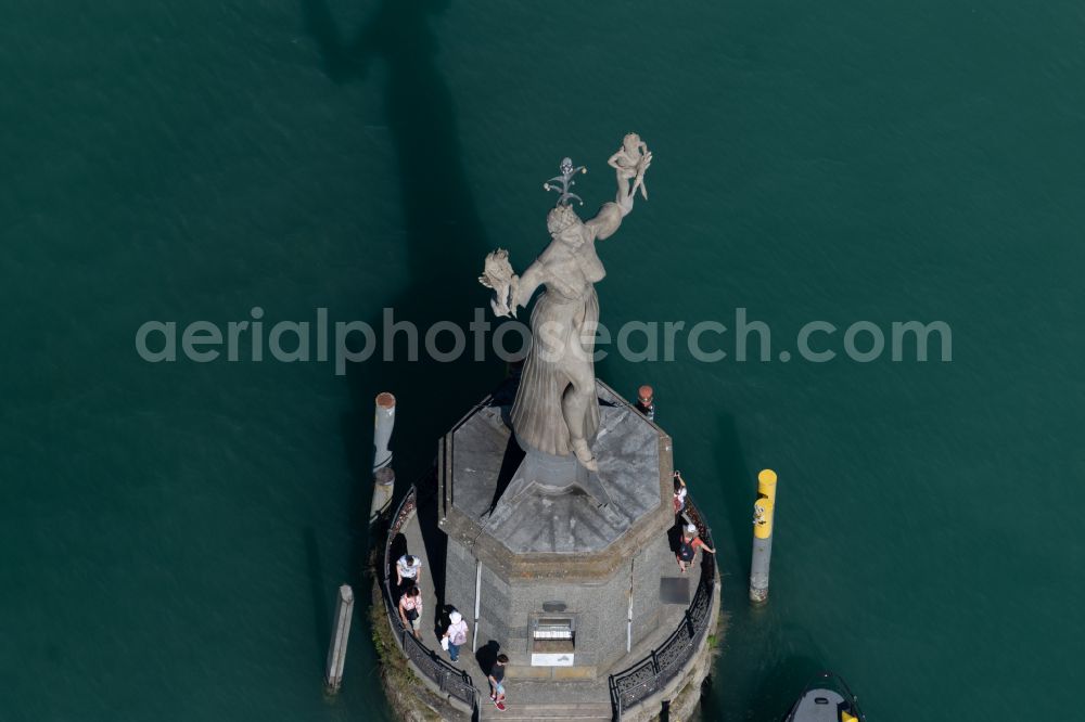 Aerial photograph Konstanz - Ship moorings at the docks of the inland port for passenger ships and ferries at the Imperia statue on the shore of Lake Constance in the district Altstadt in Konstanz in the state Baden-Wurttemberg, Germany