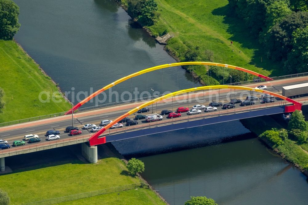 Duisburg from above - View of a congestion on the Aakerfaehrbruecke in Duisburg in the state North Rhine-Westphalia