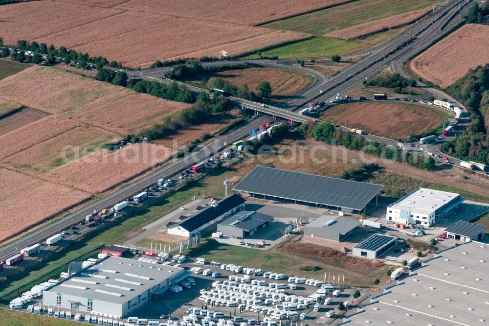 Orschweier from the bird's eye view: Routing and traffic lanes during the highway exit and access the motorway A 5 to the 57a Ettenheim in Orschweier in the state Baden-Wurttemberg, Germany