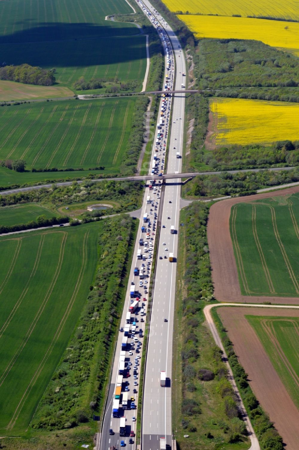 Erfurt from above - Jam on the highway BAB A 4 at the exit Erfurt West in Thuringia