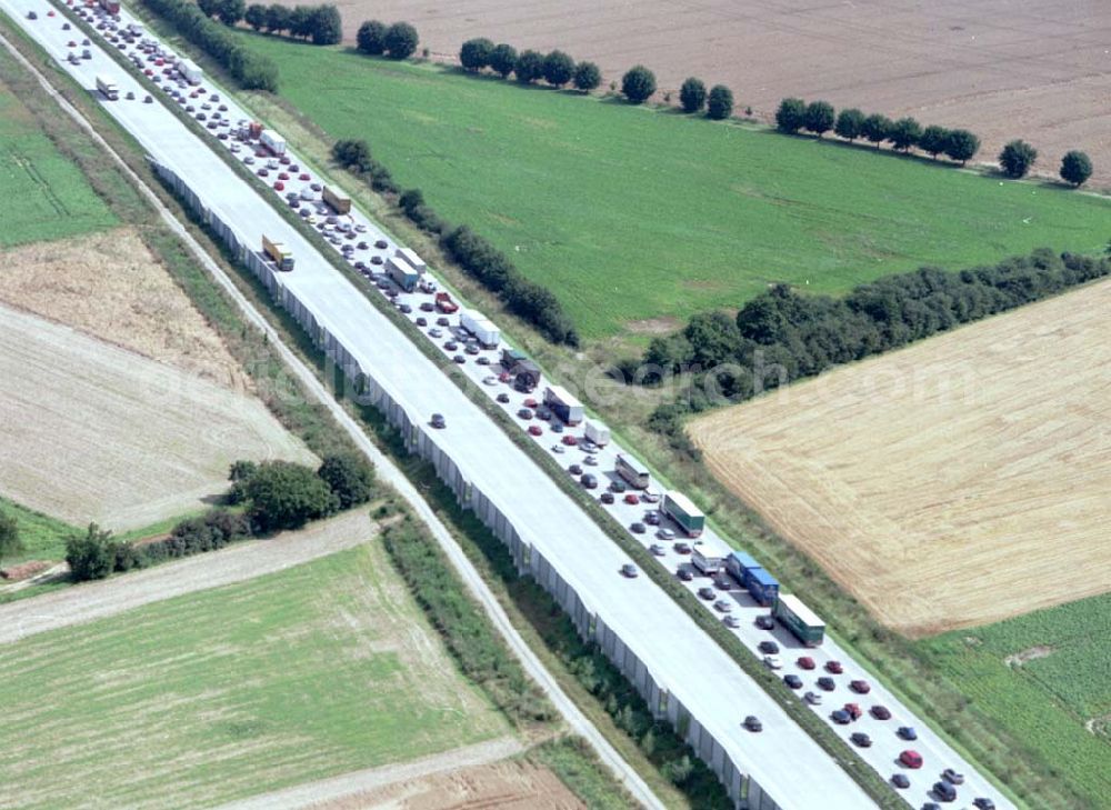 Aerial photograph Magdeburg - 16.08.2002 Stau auf der Autobahn Braunschweig - Magdeburg kurz vor dem Magdeburger Kreuz.