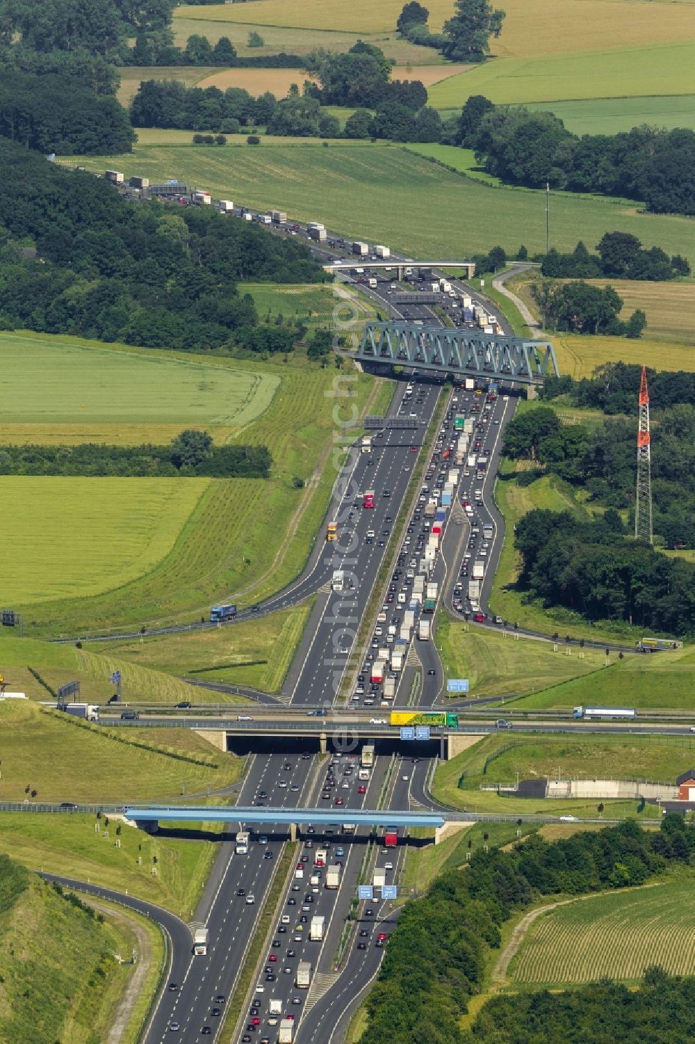 Kamen from above - Intersection of Highway Federal Highway A2 A1 E35 E37 on the Kamen intersection in the northeast of the Ruhr Area in North Rhine-Westphalia in Kamen