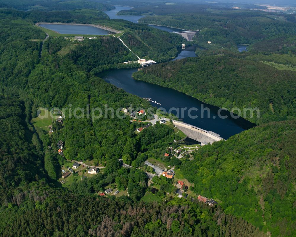 Wendefurth from above - Reservoir and reservoir of the Bode and Rappbodetalsperre with pumped storage plant in Wendefurth in the state Saxony-Anhalt, Germany