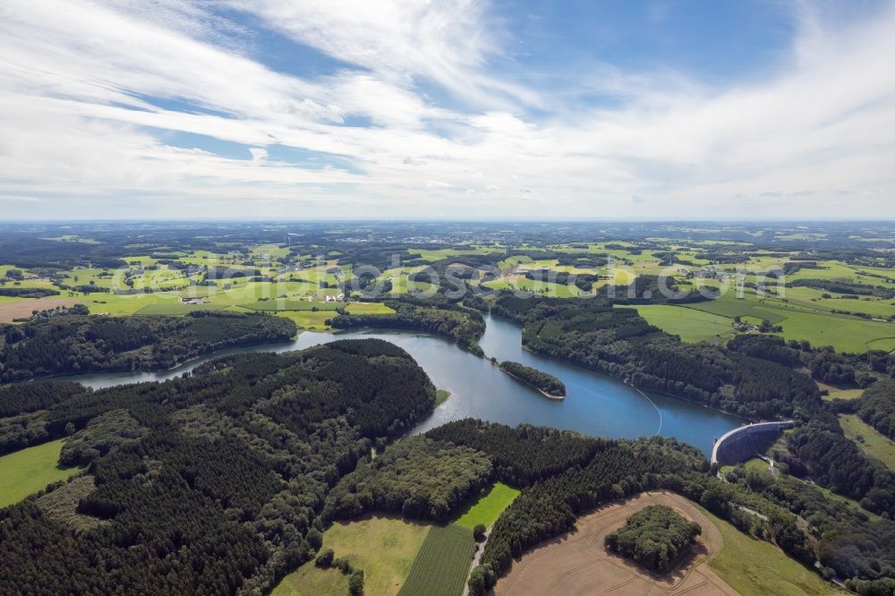 Breckerfeld from above - Impoundment and shore areas at the lake Heilenbecker Talsperre in Breckerfeld in the state North Rhine-Westphalia, Germany