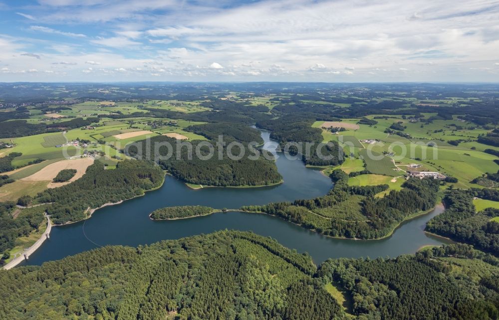 Breckerfeld from above - Impoundment and shore areas at the lake Heilenbecker Talsperre in Breckerfeld in the state North Rhine-Westphalia, Germany