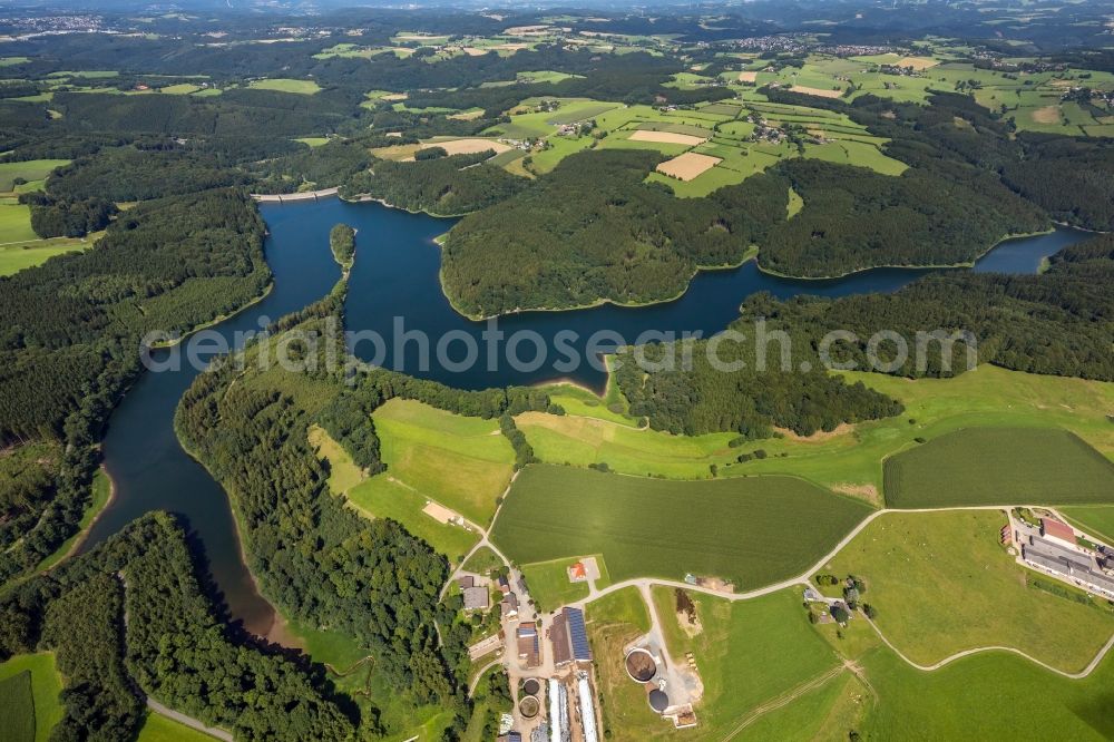 Aerial image Breckerfeld - Impoundment and shore areas at the lake Heilenbecker Talsperre in Breckerfeld in the state North Rhine-Westphalia, Germany