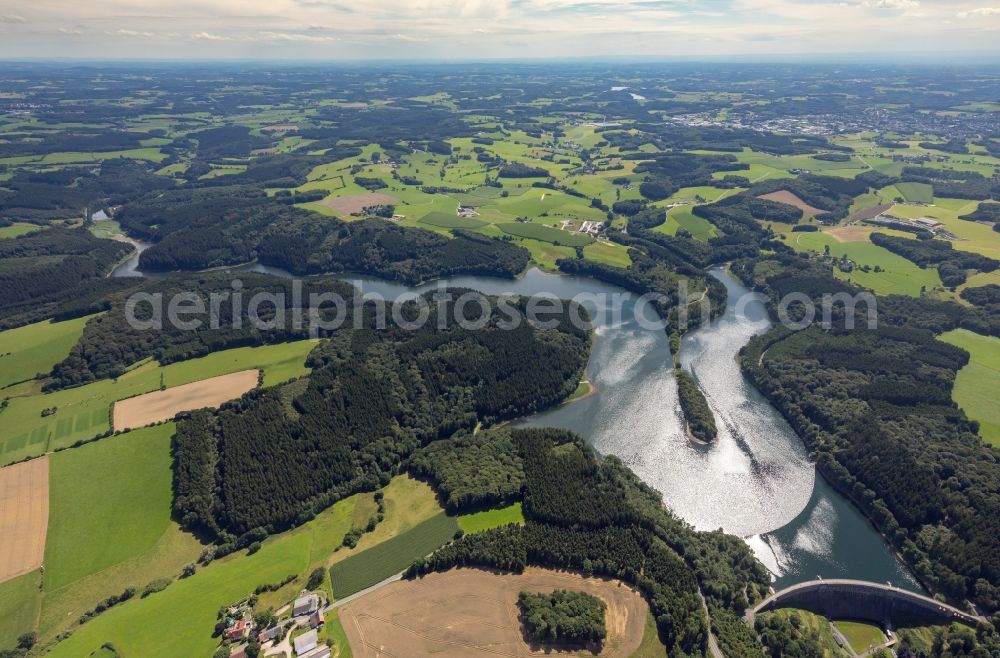 Breckerfeld from above - Impoundment and shore areas at the lake Heilenbecker Talsperre in Breckerfeld in the state North Rhine-Westphalia, Germany