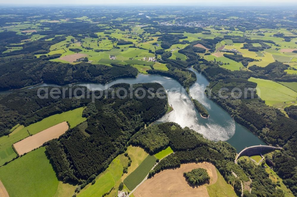 Breckerfeld from above - Impoundment and shore areas at the lake Heilenbecker Talsperre in Breckerfeld in the state North Rhine-Westphalia, Germany