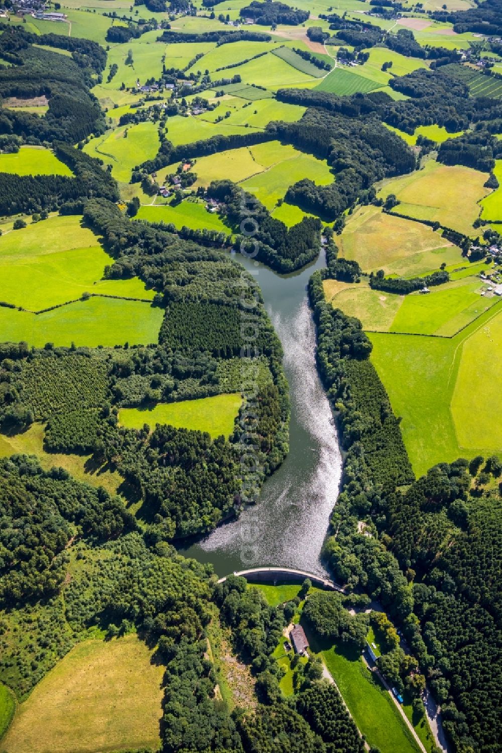 Breckerfeld from above - Impoundment and shore areas at the lake Heilenbecker Talsperre in Breckerfeld in the state North Rhine-Westphalia, Germany