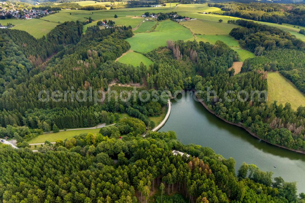 Aerial image Breckerfeld - Impoundment and shore areas at the lake Heilenbecker Talsperre in Breckerfeld in the state North Rhine-Westphalia, Germany