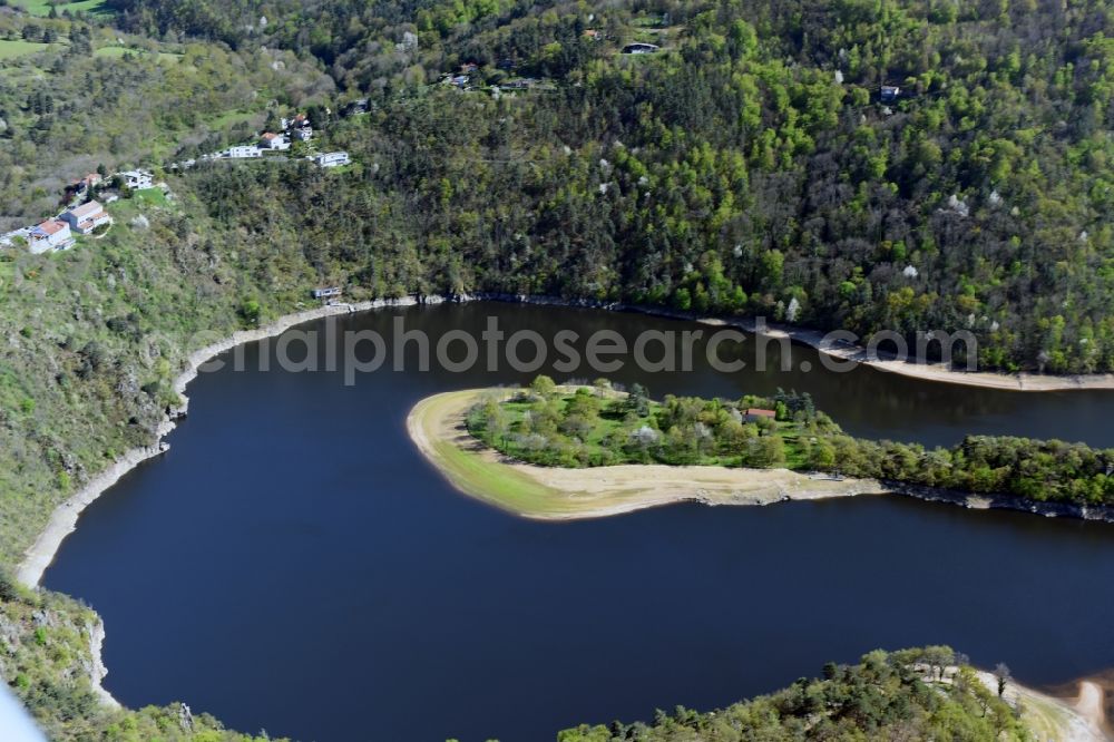 Chambles from above - Impoundment and shore areas at the lake river Loire in Chambles in Auvergne Rhone-Alpes, France