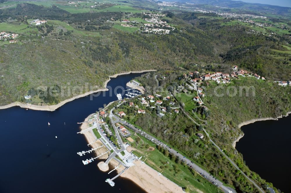 Chambles from the bird's eye view: Impoundment and shore areas at the lake river Loire in Chambles in Auvergne Rhone-Alpes, France