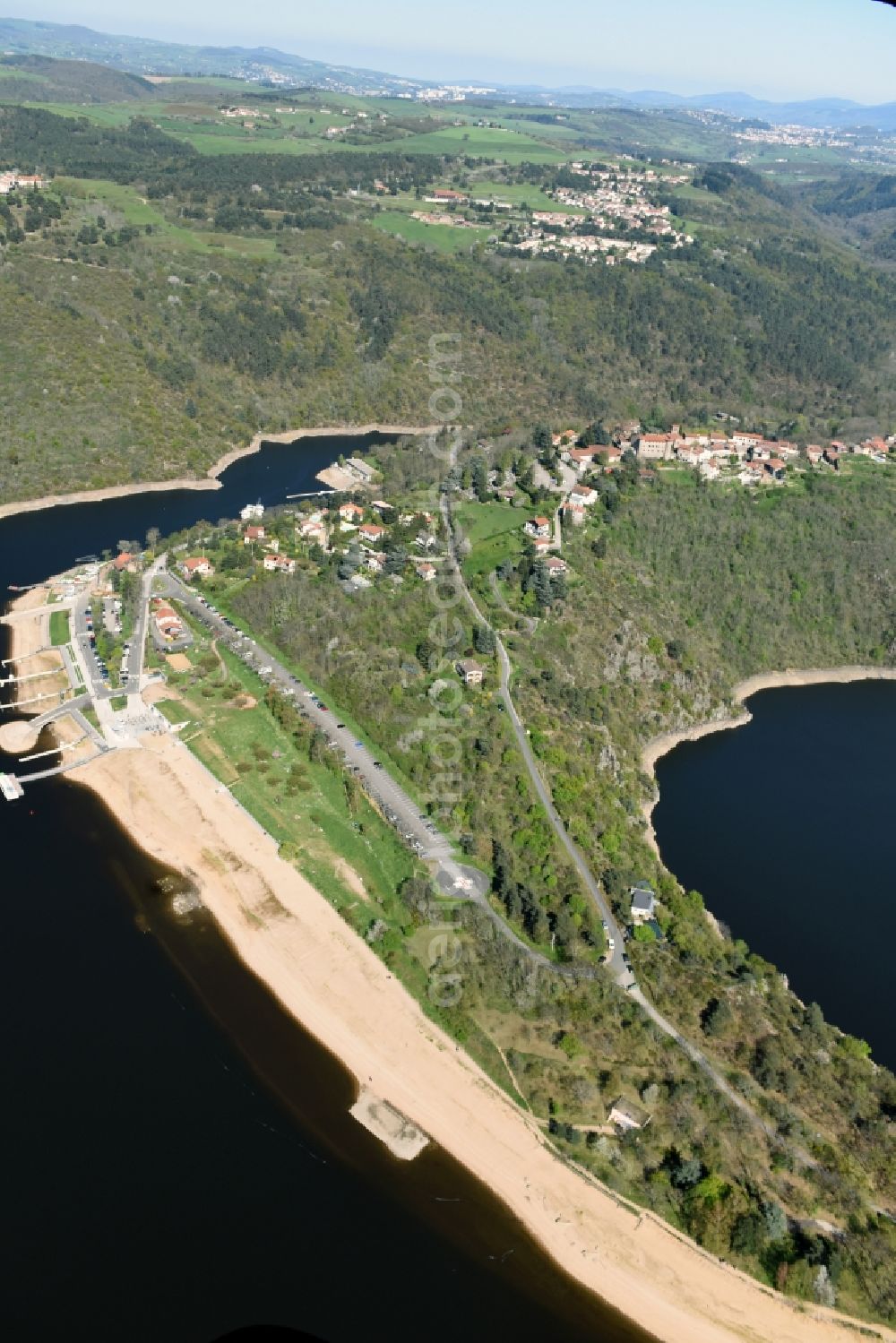 Chambles from above - Impoundment and shore areas at the lake river Loire in Chambles in Auvergne Rhone-Alpes, France