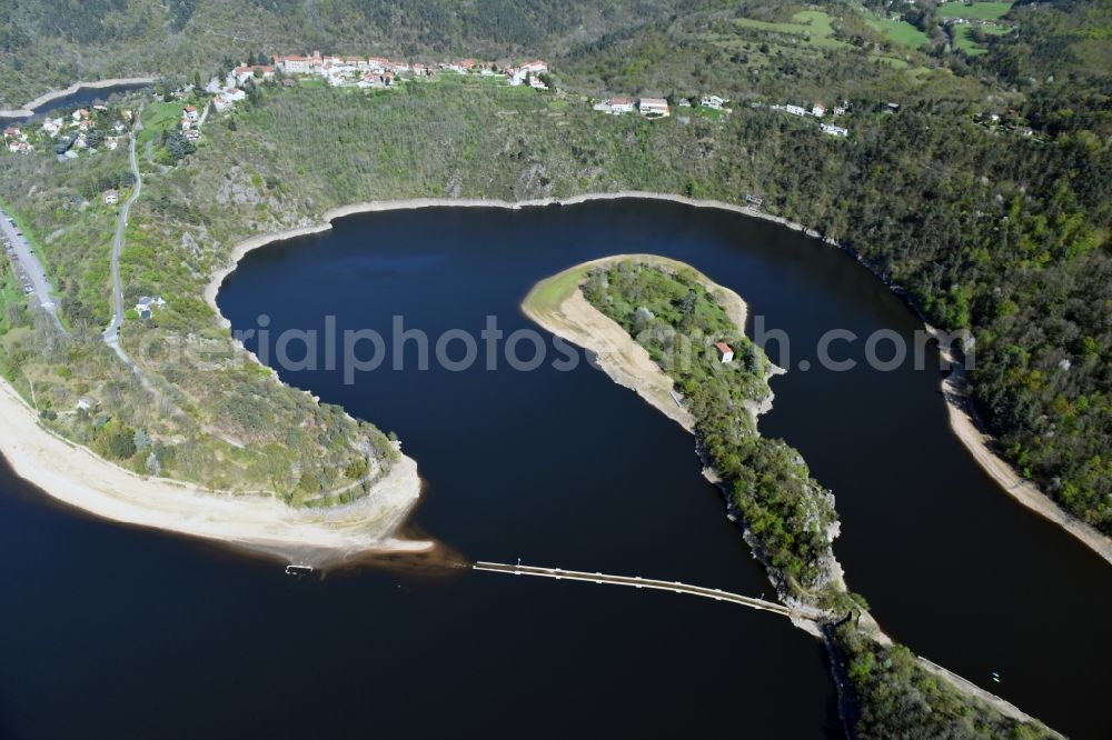 Chambles from the bird's eye view: Impoundment and shore areas at the lake river Loire in Chambles in Auvergne Rhone-Alpes, France