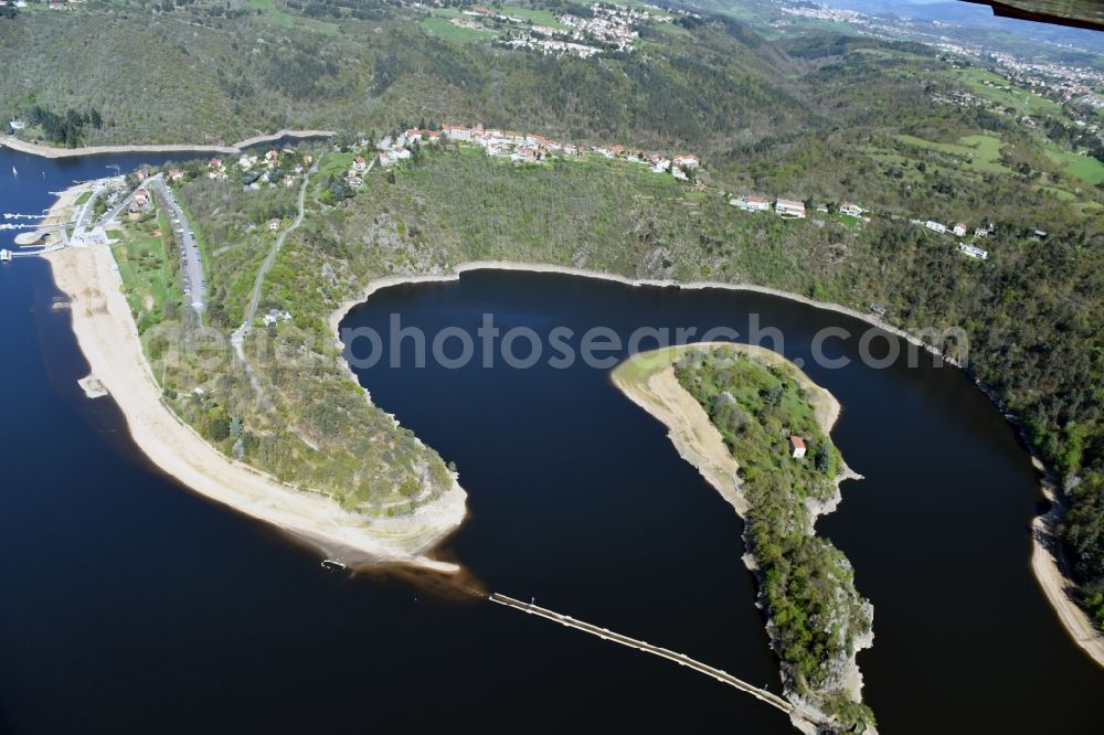 Aerial image Chambles - Impoundment and shore areas at the lake river Loire in Chambles in Auvergne Rhone-Alpes, France