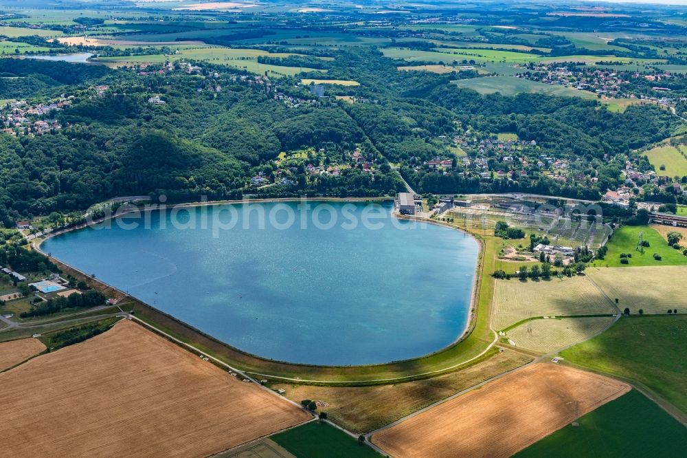 Cossebaude from above - Impoundment and shore areas at the lake Niederwartha in Cossebaude in the state Saxony, Germany