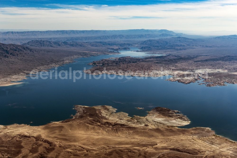 Echo Bay from the bird's eye view: Impoundment and shore areas at the lake Lake Mead in Echo Bay in Nevada, United States of America