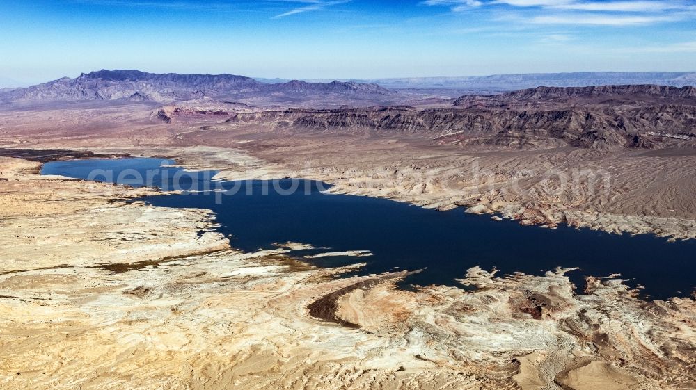 Echo Bay from the bird's eye view: Impoundment and shore areas at the lake Lake Mead in Echo Bay in Nevada, United States of America