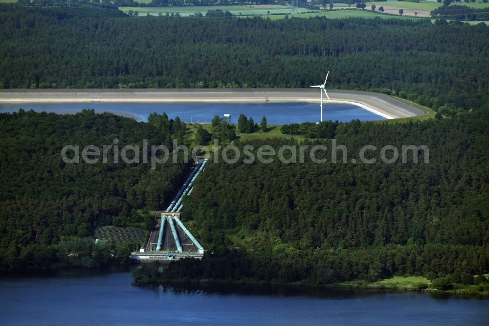 Geesthacht from above - Impoundment and shore areas at the lake des Pumpspeicherwerk in Geesthacht in the state Schleswig-Holstein