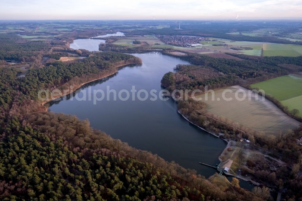 Haltern am See from the bird's eye view: Impoundment and shore areas at the lake Halterner Stausee in Haltern am See in the state North Rhine-Westphalia, Germany