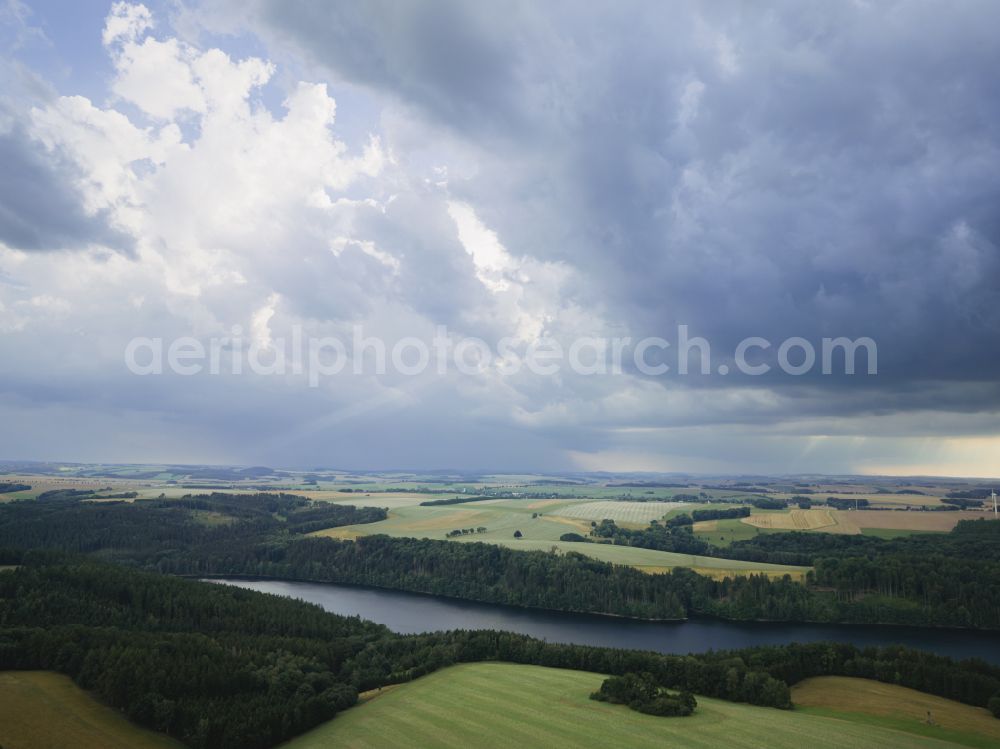 Klingenberg from above - Reservoir and shore areas at the reservoir of the dam in Klingenberg in the state of Saxony, Germany