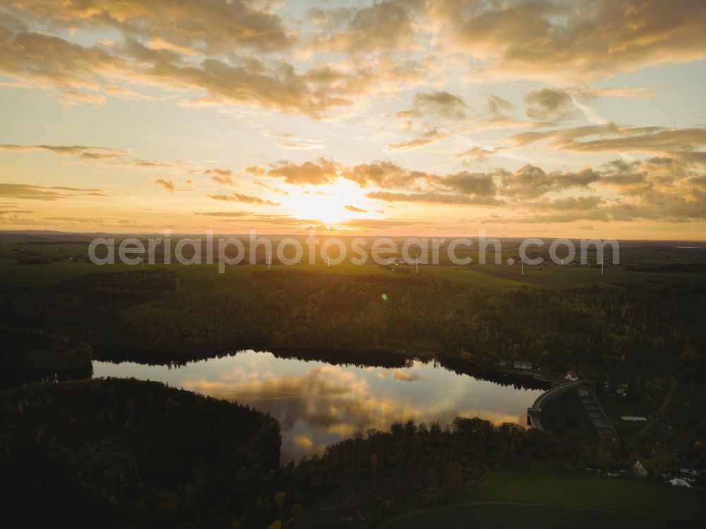 Klingenberg from above - Reservoir and shore areas at the reservoir of the dam in Klingenberg in the state of Saxony, Germany