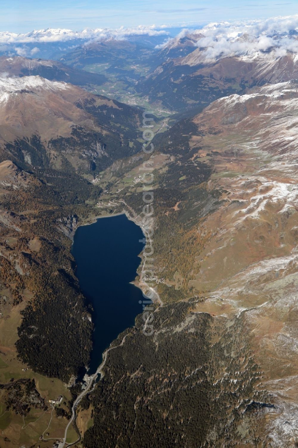 Marmorera from the bird's eye view: Impoundment and shore areas at the lake in Marmorera in the canton Graubuenden, Switzerland