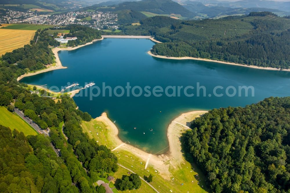 Meschede from above - Impoundment and shore areas at the lake Henne in Meschede in the Sauerland in the state North Rhine-Westphalia