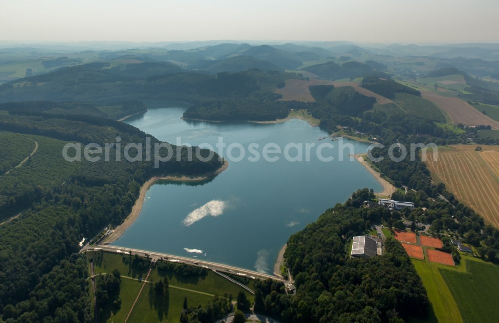 Meschede from above - Impoundment and shore areas at the lake Henne in Meschede in the Sauerland in the state North Rhine-Westphalia