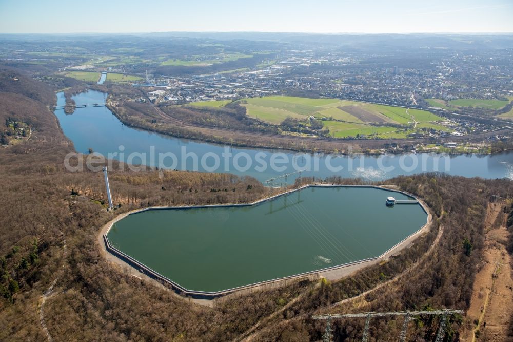 Herdecke from above - Impoundment and shore areas at the lake Koepchenwerk Im Schiffwinkel in the district Hengstey in Herdecke in the state North Rhine-Westphalia