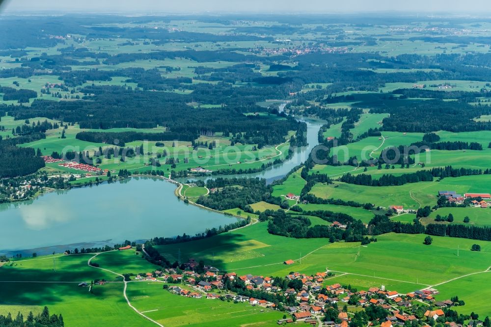 Lechbruck am See from above - Impoundment and shore areas at the lake Lechstausee Urspring in the district Lauterbach in Lechbruck am See in the state Bavaria