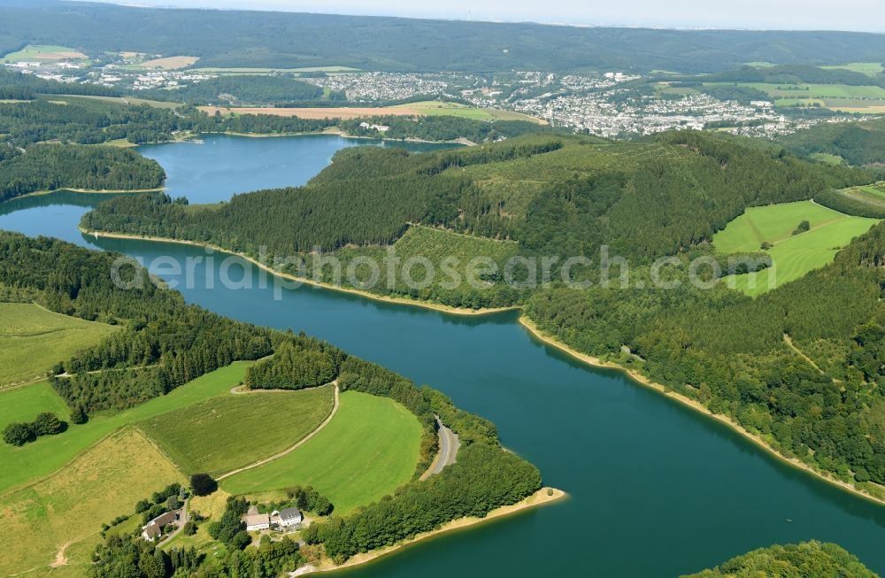 Osterode am Harz from above - Impoundment and shore areas at the lake Soesestausee in Osterode am Harz in the state Lower Saxony, Germany