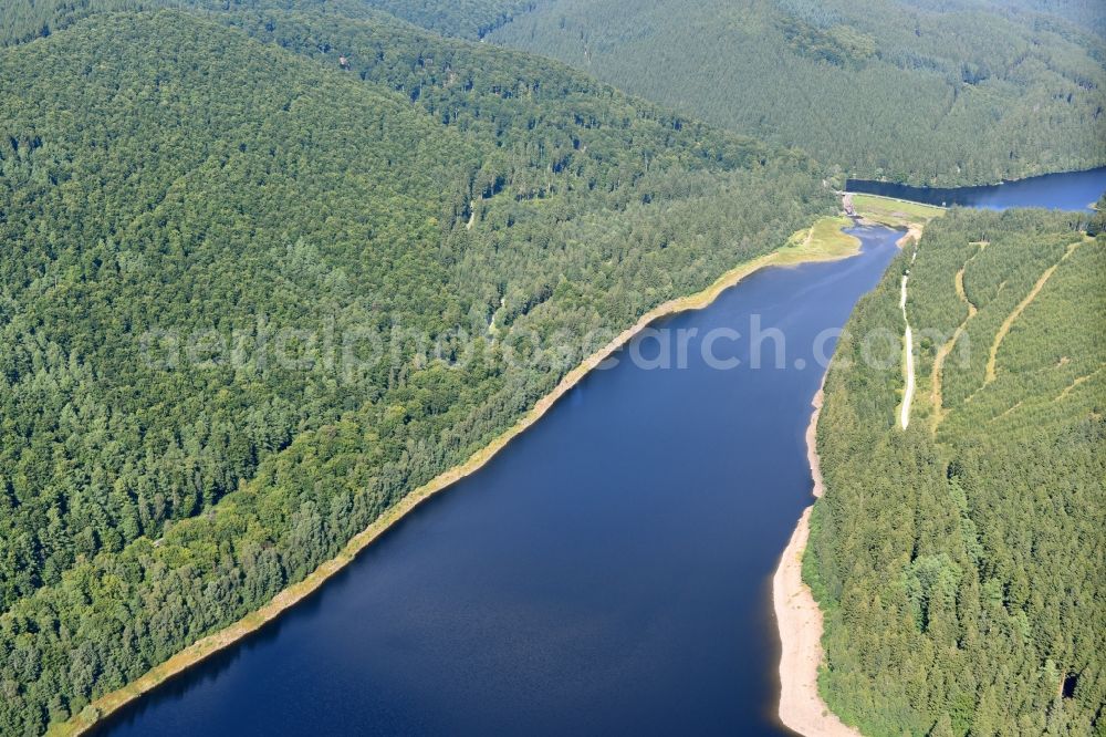 Osterode am Harz from above - Impoundment and shore areas at the lake Soesestausee in Osterode am Harz in the state Lower Saxony, Germany