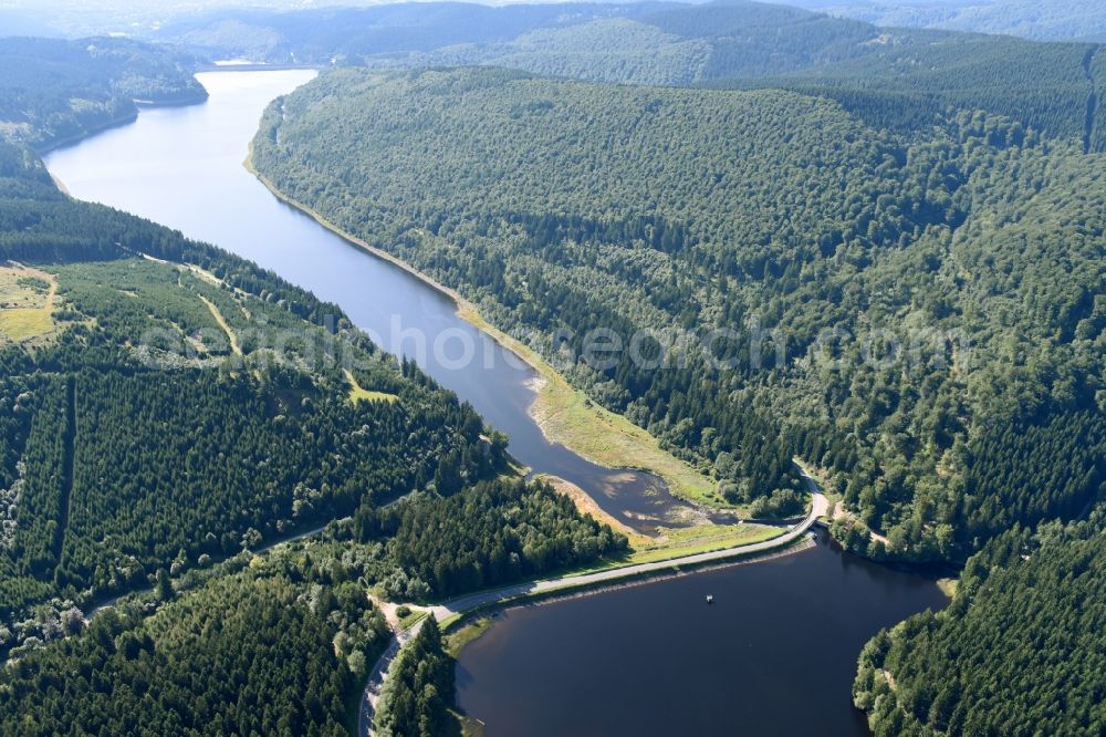 Aerial image Osterode am Harz - Impoundment and shore areas at the lake Soesestausee in Osterode am Harz in the state Lower Saxony, Germany