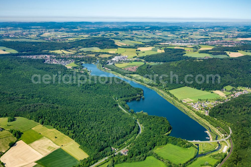 Aerial image Schieder-Schwalenberg - Impoundment and shore areas at the lake Schieder-See in Schieder-Schwalenberg in the state North Rhine-Westphalia, Germany