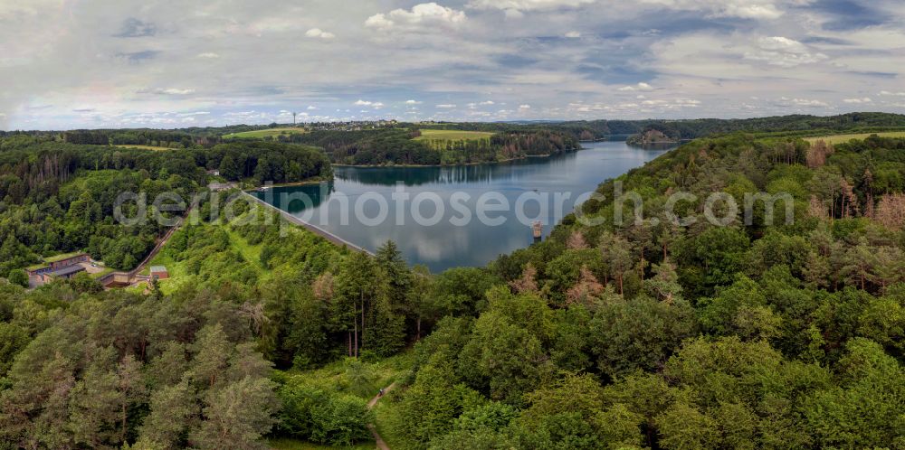 Schneffelrath from above - Impoundment and shore areas at the lake Wahnbachtalsperre on street Talsperrenstrasse in Schneffelrath in the state North Rhine-Westphalia, Germany