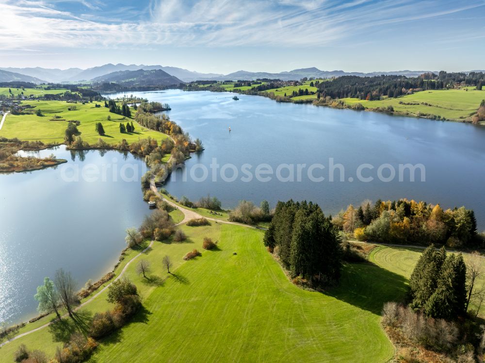 Sulzberg from above - Impoundment and shore areas at the lake Rottachsee - Rottachspeicher on street Am Petersbach in Sulzberg in the state Bavaria, Germany