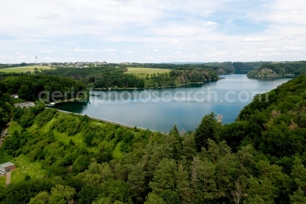 Schneffelrath from above - Impoundment and shore areas at the lake Wahnbachtalsperre on street Talsperrenstrasse in Schneffelrath in the state North Rhine-Westphalia, Germany