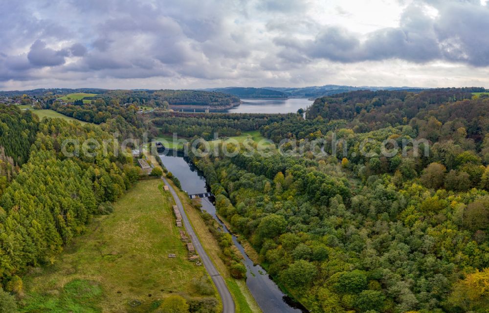 Wermelskirchen from the bird's eye view: Dam wall at the reservoir Dhuenntalsperre in Wermelskirchen in the state North Rhine-Westphalia, Germany