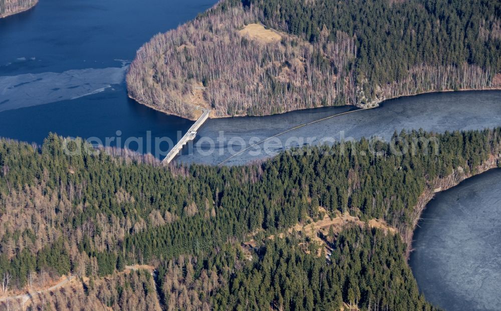 Eibenstock from the bird's eye view: Dam wall at the reservoir in Eibenstock in the state Saxony, Germany