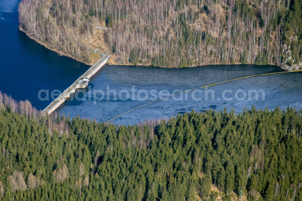 Aerial image Eibenstock - Dam wall at the reservoir in Eibenstock in the state Saxony, Germany