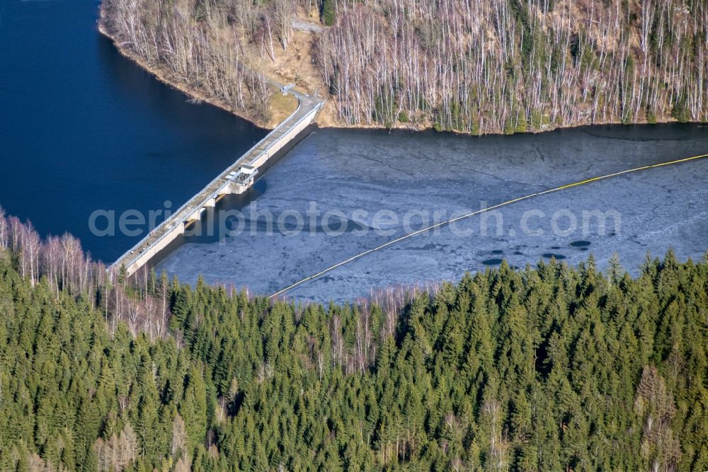 Aerial photograph Eibenstock - Dam wall at the reservoir in Eibenstock in the state Saxony, Germany