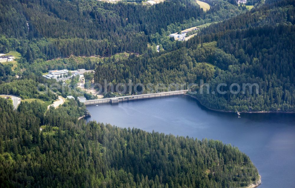 Eibenstock from above - Dam wall at the reservoir in Eibenstock in the state Saxony, Germany