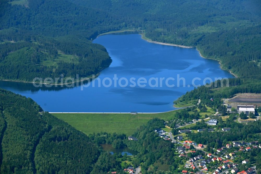 Herzog Juliushütte from above - Dam wall at the reservoir Granestausee in Herzog Juliushuette in the state Lower Saxony, Germany